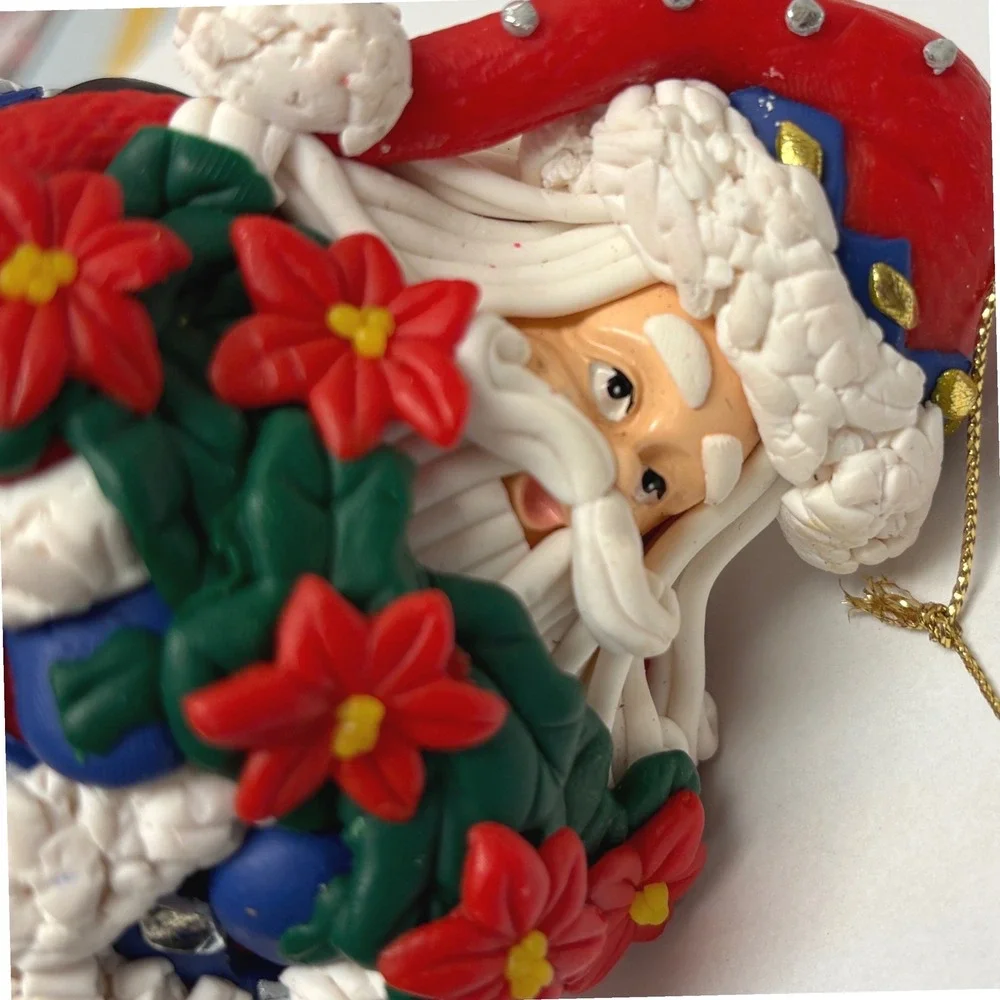 Traditions Vintage Christmas Ornament Santa Claus Poinsettia Polymer Clay Glass